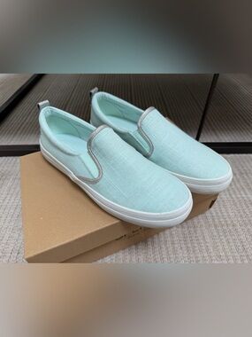 NIB SPERRY CREST TWIN GORE BLUE SILVER SLIP ON SNEAKER FLAT SHOES SIZE 11